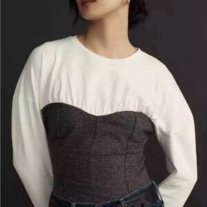 Maeve White Pullover with Charcoal Bustier Overlay